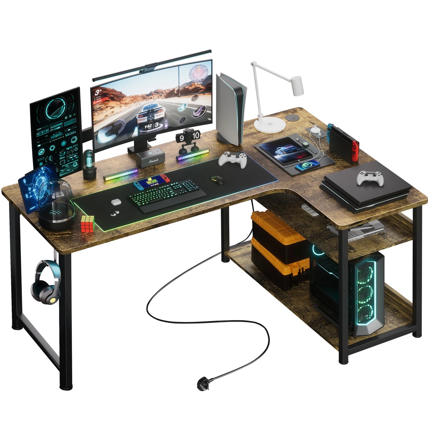 Gaming-Ecktisch mit Regal, USB-Ladeanschluss & Steckdose – 120 cm Computertisch