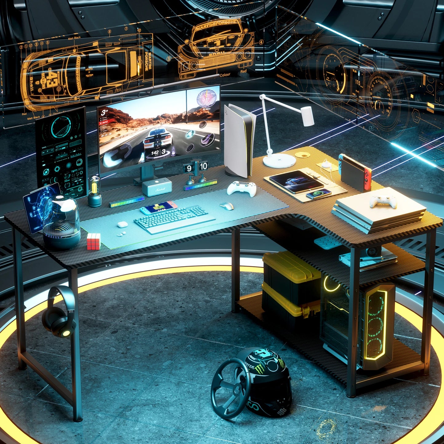 Gaming-Ecktisch mit Regal, USB-Ladeanschluss & Steckdose – 120 cm Computertisch