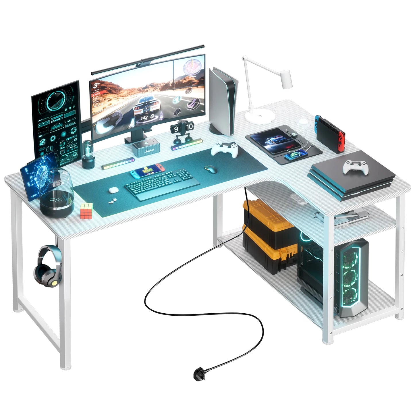 Gaming-Ecktisch mit Regal, USB-Ladeanschluss & Steckdose – 120 cm Computertisch