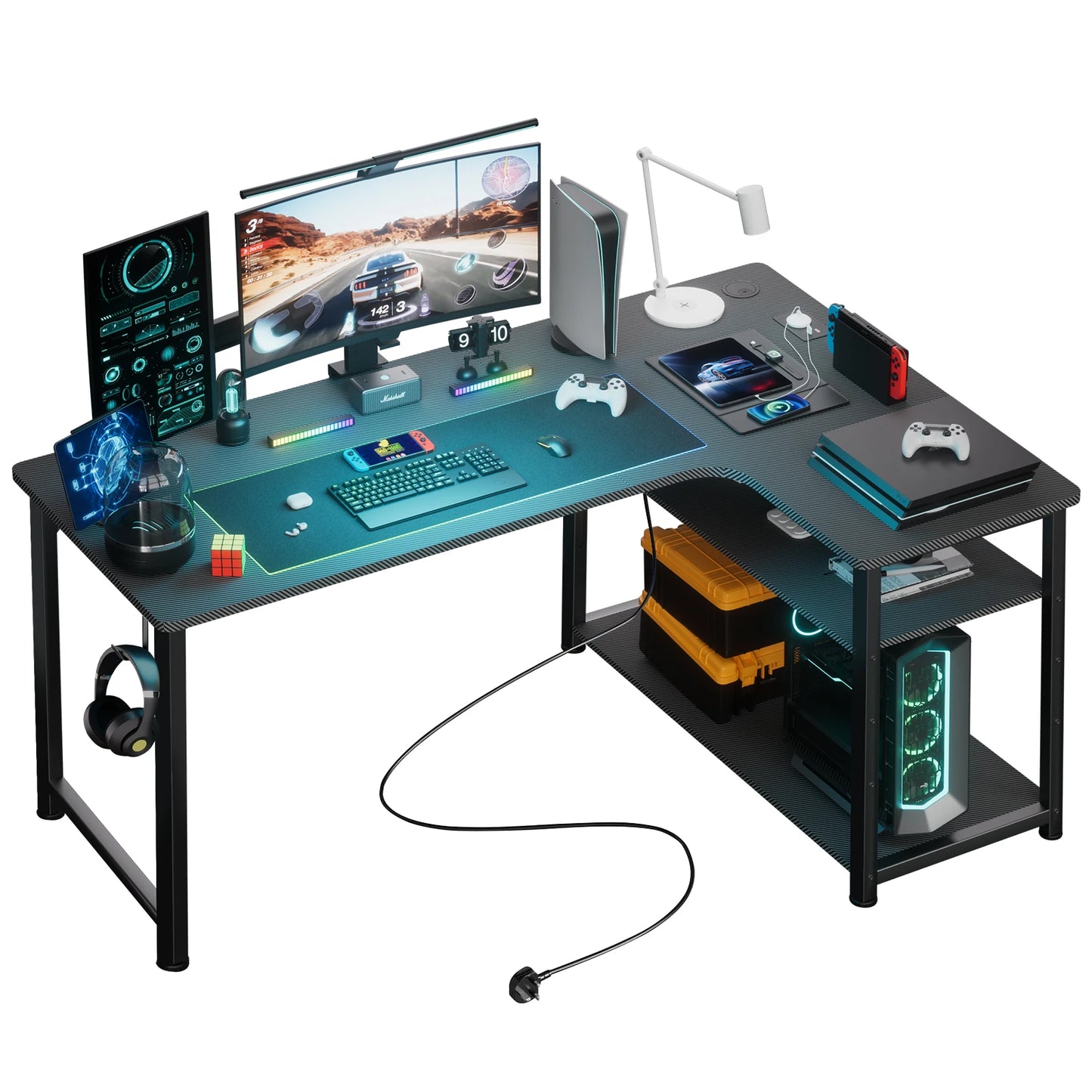 Gaming-Ecktisch mit Regal, USB-Ladeanschluss & Steckdose – 120 cm Computertisch