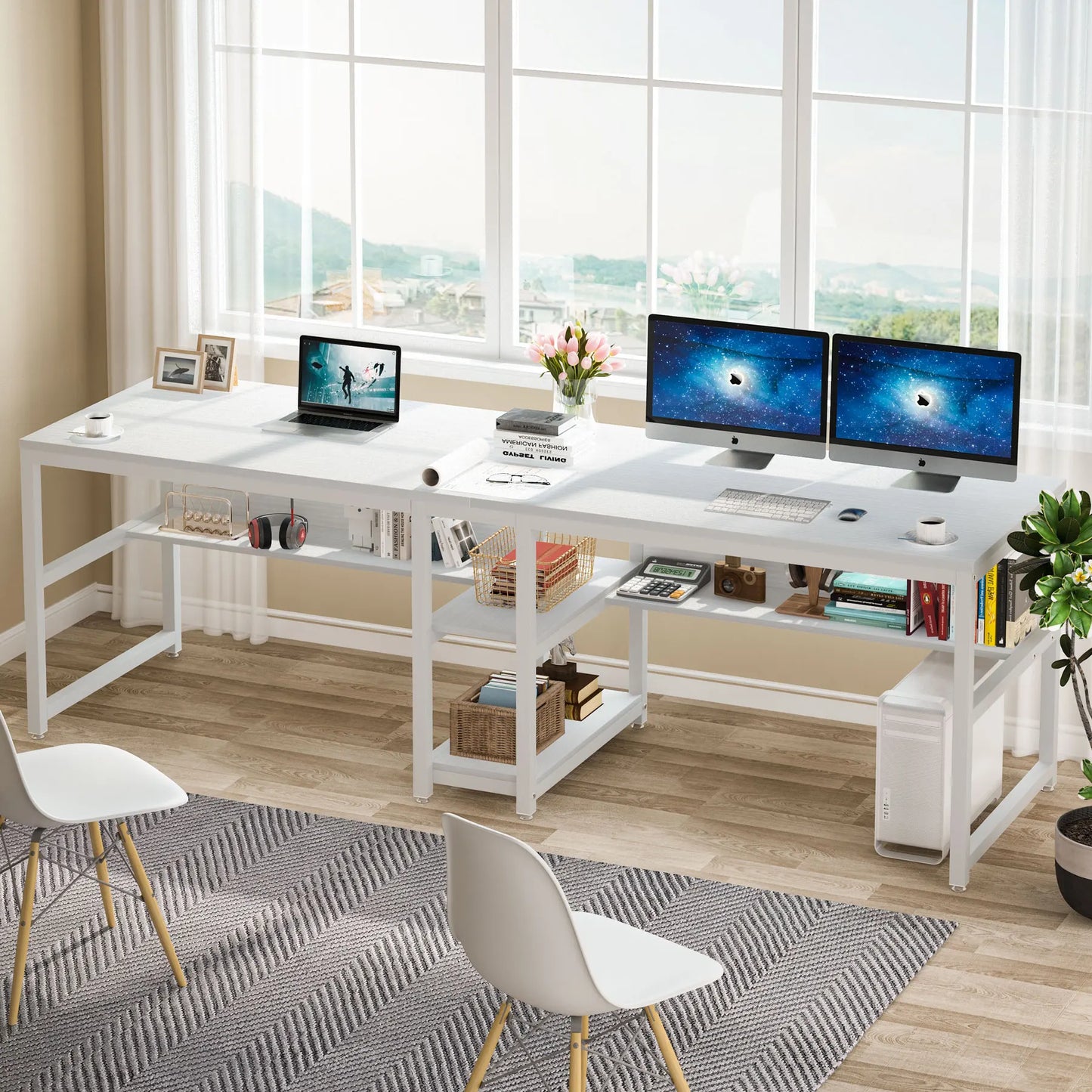 Großer Doppelschreibtisch mit Regal – 200 cm Arbeitsplatz für 2 Personen