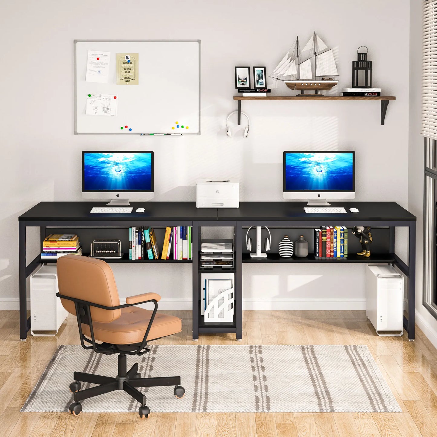 Großer Doppelschreibtisch mit Regal – 200 cm Arbeitsplatz für 2 Personen