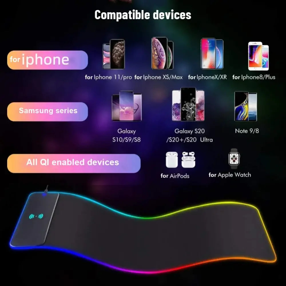 XXL RGB Wireless Charging Mousepad 800×300 mm – 15 W Qi, abgedichtete Oberfläche