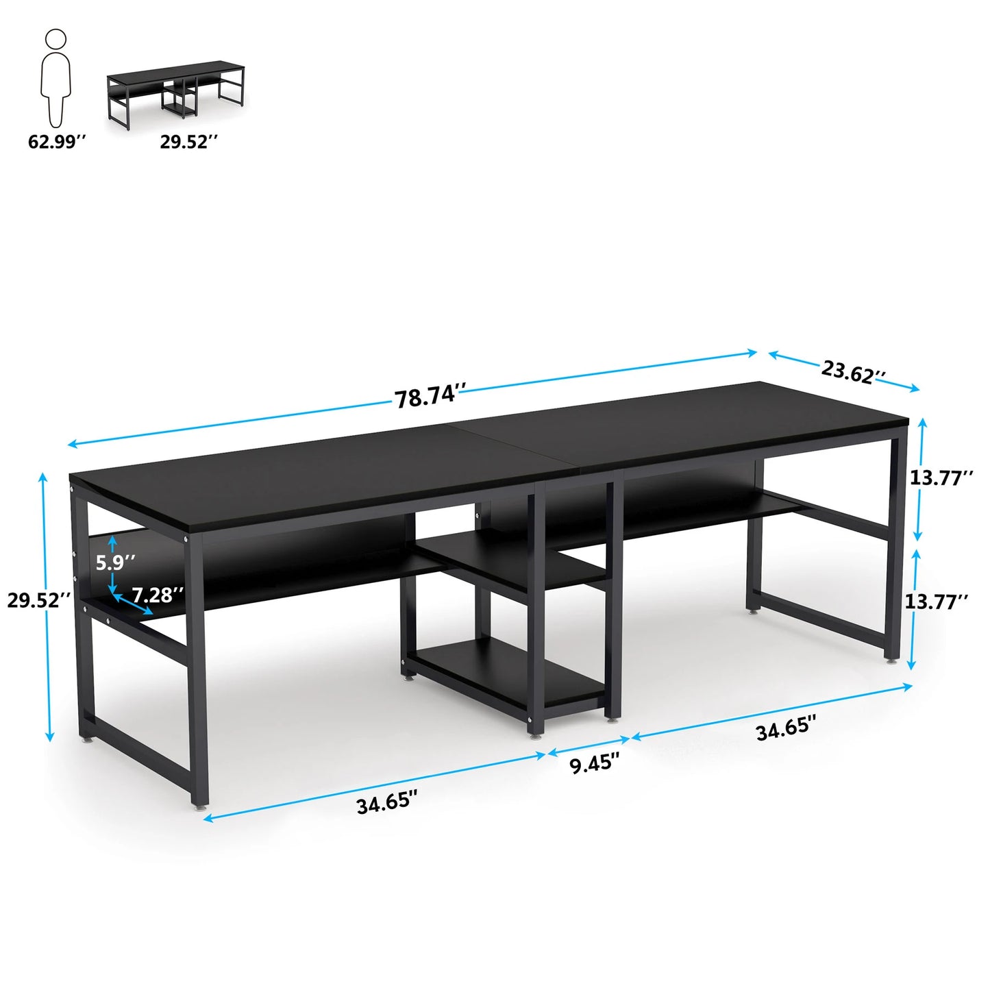 Großer Doppelschreibtisch mit Regal – 200 cm Arbeitsplatz für 2 Personen