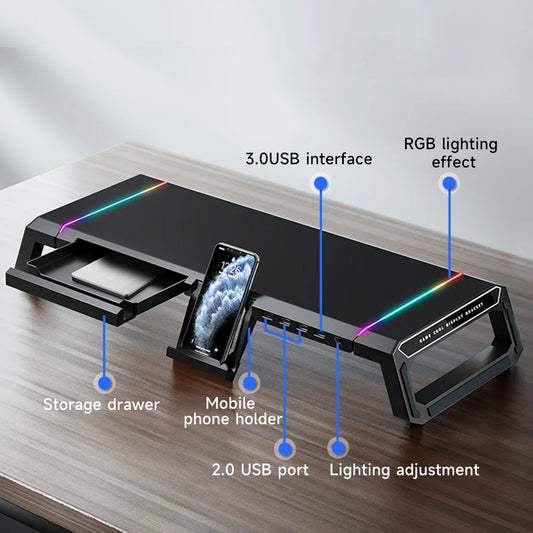 Foldable Stand mit 4 USB-Hub, RGB-Lichter, Tablet-/Handyhalter & Stauraum