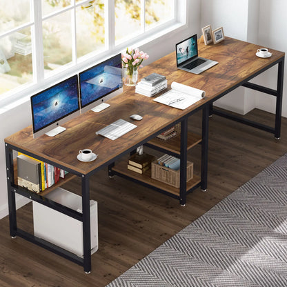 Großer Doppelschreibtisch mit Regal – 200 cm Arbeitsplatz für 2 Personen