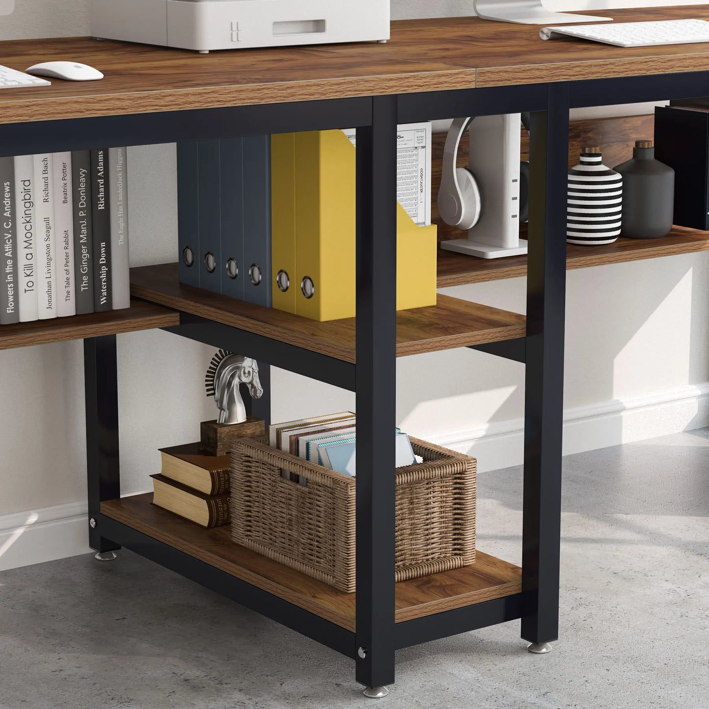 Großer Doppelschreibtisch mit Regal – 200 cm Arbeitsplatz für 2 Personen